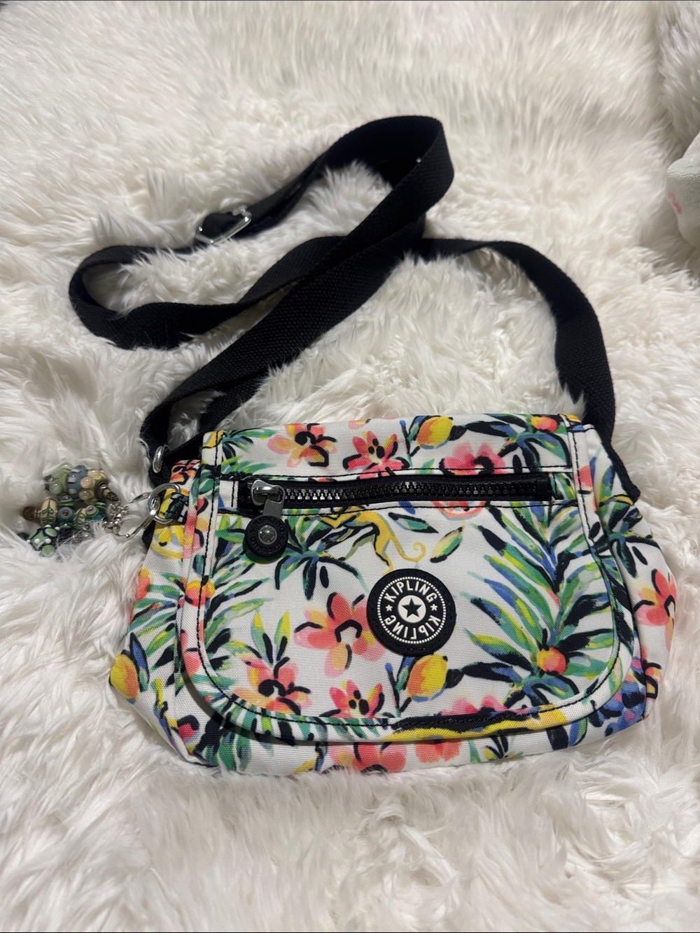 Kipling Tropical Floral Crossbody Bag in White, Pink, Yellow, Green, Black